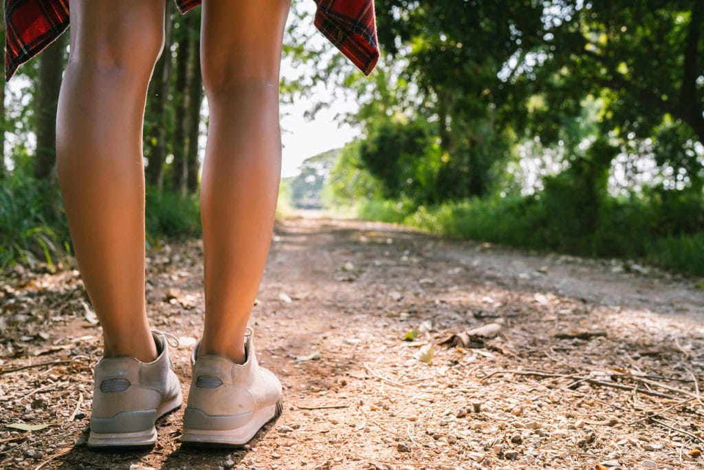 Happy Young Asian Woman Traveler With Backpack Walking In Forest